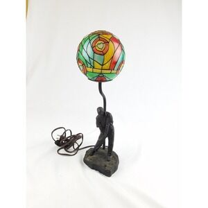 Vintage solid bronze man playing golf table lamp glass globe home decor light